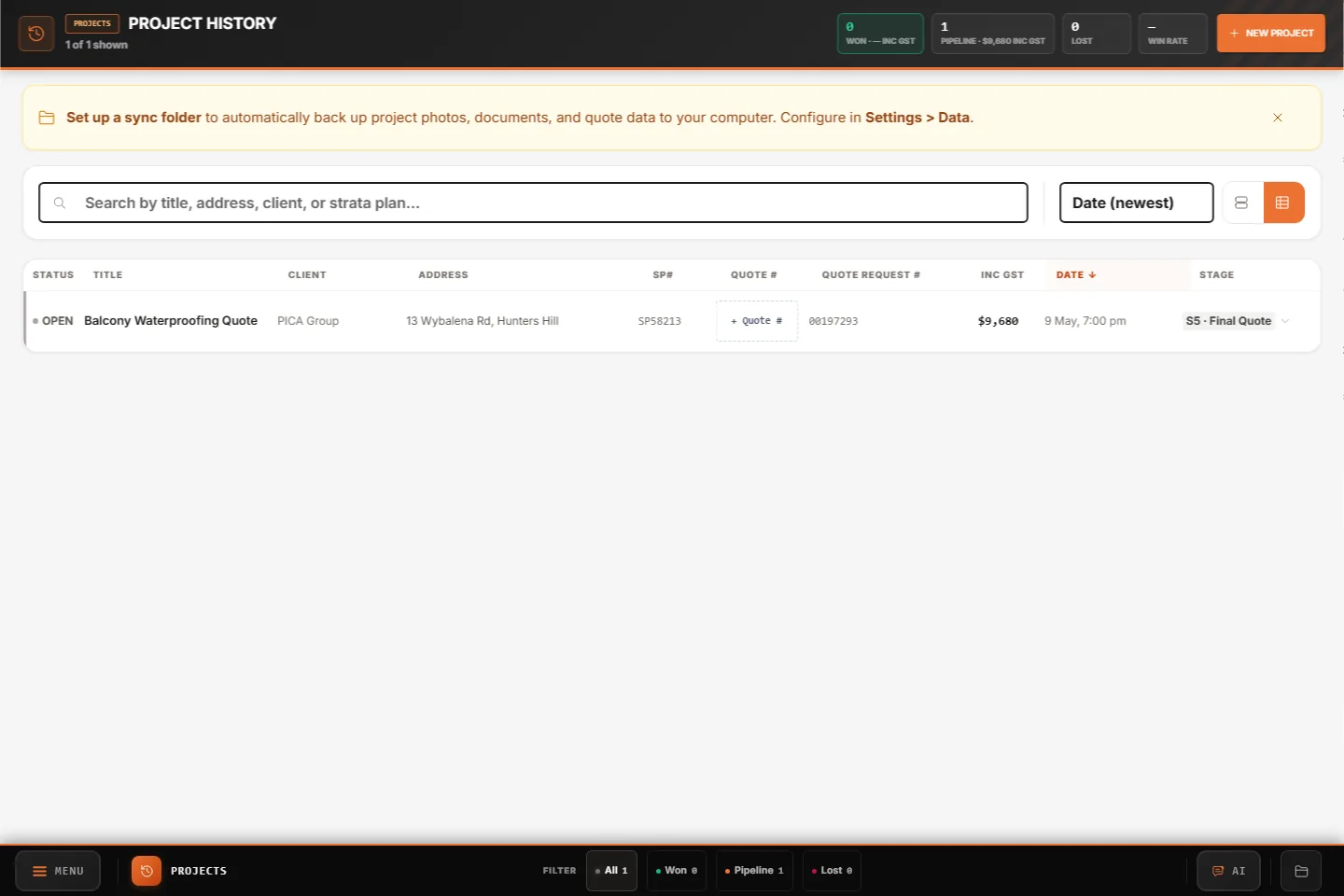 QuoteMaker Project History showing the Balcony Waterproofing Quote in pipeline, Stage 4, $9,680.