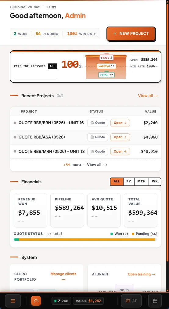 QuoteMaker mobile dashboard showing the project list and recent quotes in progress.