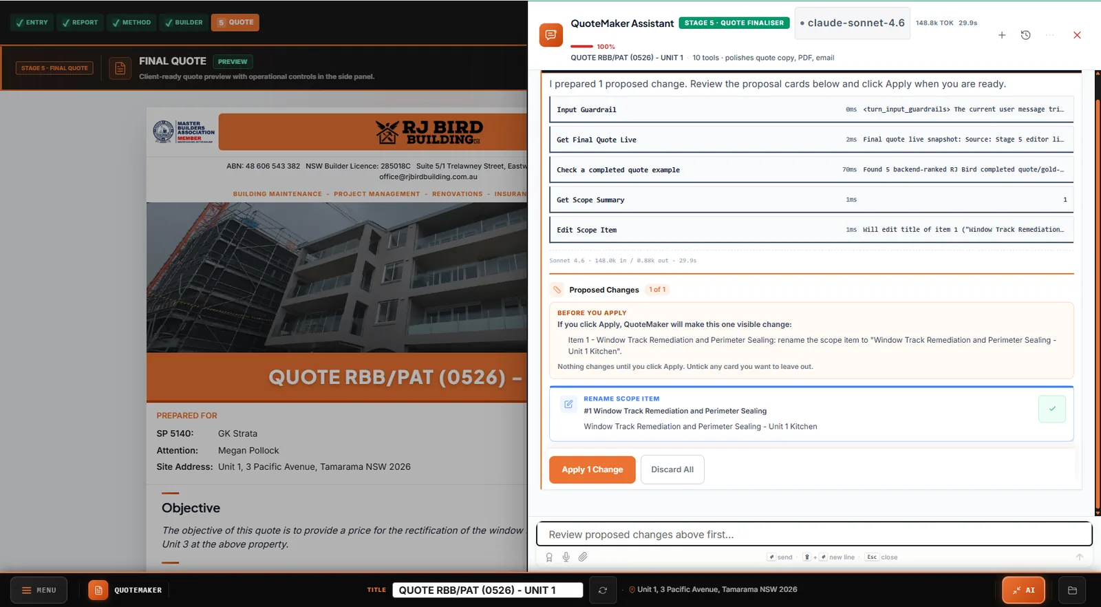 QuoteMaker AI assistant proposing structured changes to a balcony quote with Apply / Discard controls.