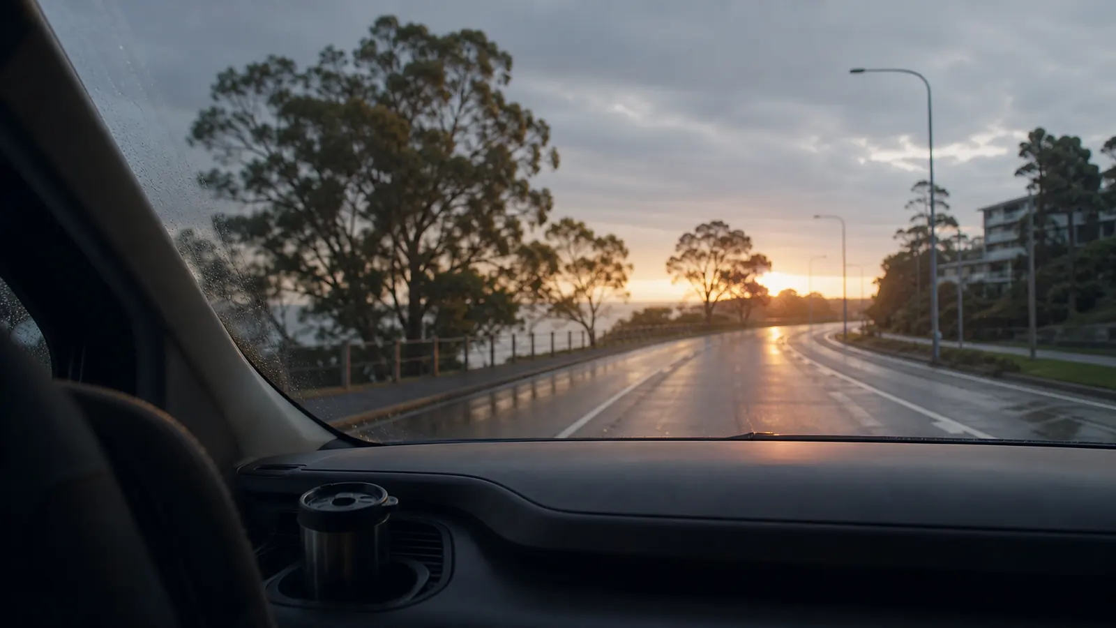 Sunrise through a windshield on a wet coastal road, on the way to a site visit.