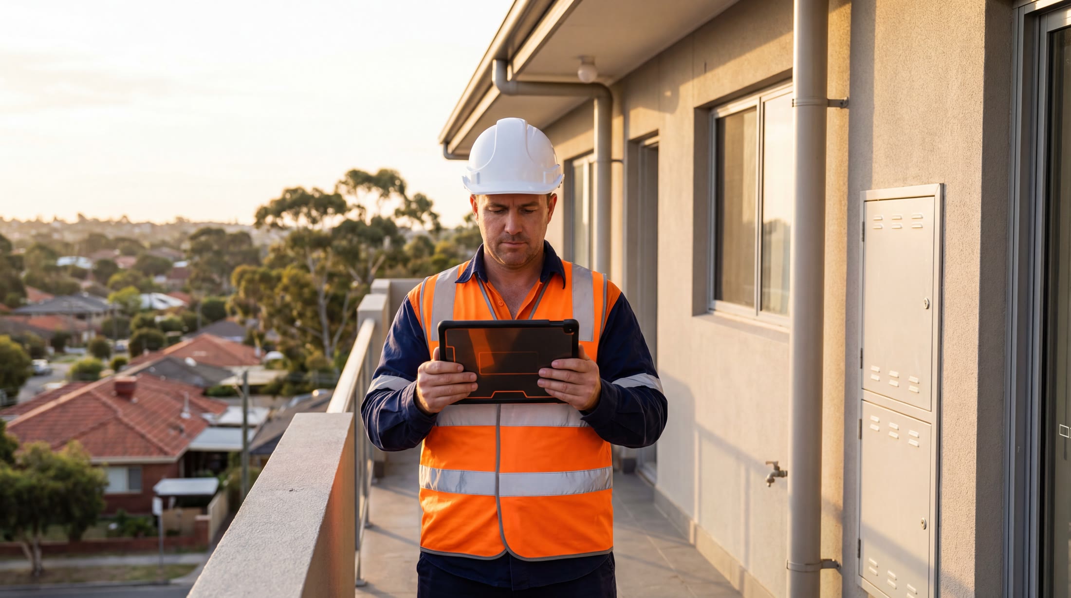Builder using QuoteMaker on a strata balcony during a site inspection.